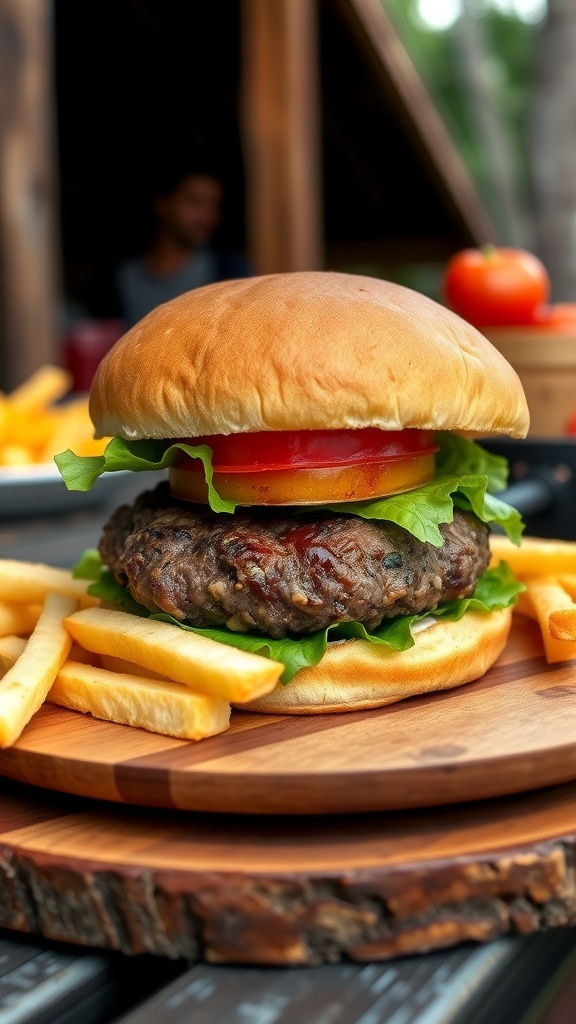 A delicious hamburger with a beef patty, lettuce, and tomato on a wooden plate with fries.